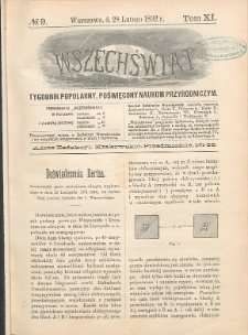Wszechświat : Tygodnik popularny, poświęcony naukom przyrodniczym, 1892, T. 11, nr 9