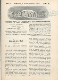 Wszechświat : Tygodnik popularny, poświęcony naukom przyrodniczym, 1892, T. 11, nr 44