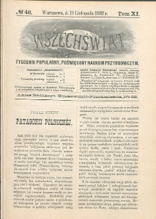 Wszechświat : Tygodnik popularny, poświęcony naukom przyrodniczym, 1892, T. 11, nr 46
