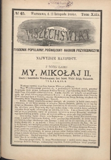 Wszechświat : Tygodnik popularny, poświęcony naukom przyrodniczym, 1894, T. 13, nr 45