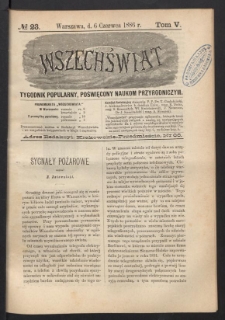 Wszechświat : Tygodnik popularny, poświęcony naukom przyrodniczym, 1886, T. 5, nr 23