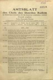 Amtsblatt des Chefs des Distrikts Radom im Generalgouvernement fűr die besetzten polnischen Gebiete = Dziennik urzędowy Szefa Dystryktu Radom w Generalnym Gubernatorstwie dla okupowanych polskich obszarów, 1940, nr 1, wyd. A