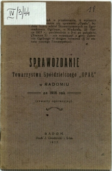 Sprawozdanie Towarzystwa Spółdzielczego "Opał" w Radomiu za 1916 rok