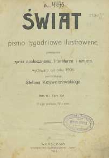 Świat, 1913, R. 8, T. 15/16, Spis rzeczy za półrocze II-gie