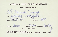 [Zaproszenie dla Danuty Tomczyk na premierę „Antygona” ]/ Teatr Powszechny im. Jana Kochanowskiego w Radomiu