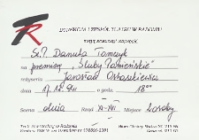 [Zaproszenie dla Danuty Tomczyk na premierę "Śluby Panieńskie"]/ Teatr Powszechny im. Jana Kochanowskiego w Radomiu