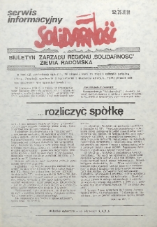 Biuletyn NSZZ "Solidarność" Ziemia Radomska, 1991, nr 92