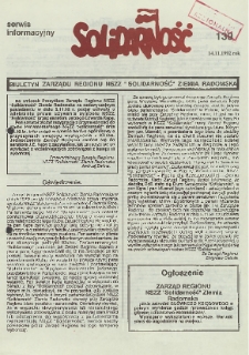 Biuletyn NSZZ "Solidarność" Ziemia Radomska, 1992, nr 139