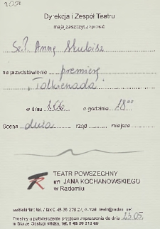 [Zaproszenie dla Anny Skubisz na premierę przedstawienia „Tolkienada”] / Teatr Powszechny im. Jana Kochanowskiego w Radomiu