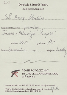 [Zaproszenie dla Anny Skubisz na premierę przedstawienia „Trans-Atlantyk. Projekt”] / Teatr Powszechny im. Jana Kochanowskiego w Radomiu