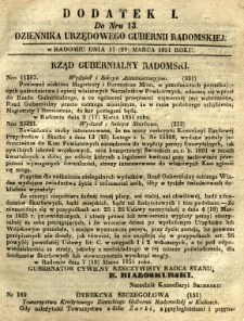 Dziennik Urzędowy Gubernii Radomskiej, 1851, nr 13, dod. I