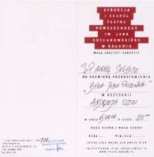 [Zaproszenie dla Anny Skubisz na premierę „Była sobie piosenka”] / Teatr Powszechny im. Jana Kochanowskiego w Radomiu