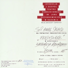 [Zaproszenie dla Anny Skubisz na premierę „Ferdydurke” ] / Teatr Powszechny im. Jana Kochanowskiego w Radomiu