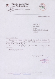 [Zaproszenie dla Anny Skubisz na wernisaż „Kolekcja Głów Renesansowych” Joanny Pielat oraz na otwarcie „Stacji dla Książkomaniaków" ] / Teatr Powszechny im. Jana Kochanowskiego w Radomiu