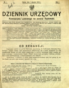 Dziennik Urzędowy Komisarjatu Ludowego na powiat Radomski, 1919, R. 1, nr 1