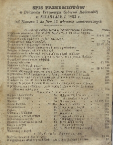 Spis Przedmiotów w Dzienniku Urzędowym Gubernii Radomskiej w KWARTALE I. 1853 r. od Numeru 1 do Nru 13 włącznie zamieszczonych