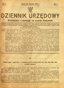 Dziennik Urzędowy Komisarjatu Ludowego na powiat Radomski, 1919, R. 1, nr 7