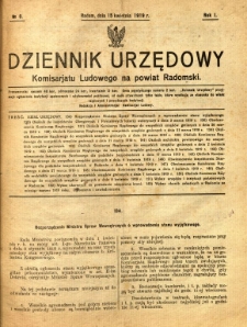 Dziennik Urzędowy Komisarjatu Ludowego na powiat Radomski, 1919, R. 1, nr 8