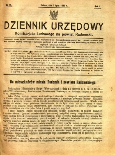 Dziennik Urzędowy Komisarjatu Ludowego na powiat Radomski, 1919, R. 1, nr 11