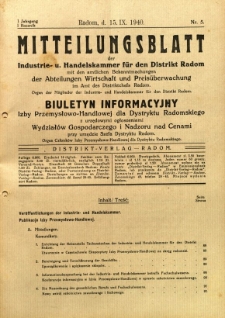 Mitteilungsblatt der Industrie-u. Handelskammer für den Distrikt Radom = Wydawnictwo Informacyjne Izby Przemysłowo-Handlowej dla Dystryktu Radomskiego, 1940, R. 1, nr 5