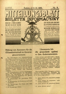 Mitteilungsblatt der Industrie-u. Handelskammer für den Distrikt Radom = Wydawnictwo Informacyjne Izby Przemysłowo-Handlowej dla Dystryktu Radomskiego, 1941, R. 2, nr 8