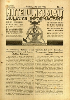 Mitteilungsblatt der Industrie-u. Handelskammer für den Distrikt Radom = Wydawnictwo Informacyjne Izby Przemysłowo-Handlowej dla Dystryktu Radomskiego, 1941, R. 2, nr 16