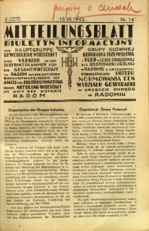 Mitteilungsblatt der Industrie-u. Handelskammer für den Distrikt Radom = Wydawnictwo Informacyjne Izby Przemysłowo-Handlowej dla Dystryktu Radomskiego, 1942, R. 3, nr 14