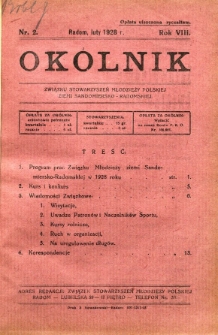 Okólnik Związku Stowarzyszeń Młodzieży Polskiej Ziemi Sandomiersko - Radomskiej, 1928, R. 8, nr 2