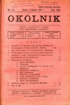 Okólnik Związku Stowarzyszeń Młodzieży Polskiej Ziemi Sandomiersko - Radomskiej, 1928, R. 8, nr 11