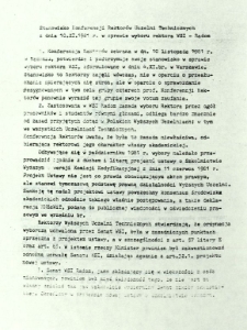 Stanowisko Konferencji Rektorów Uczelni Technicznych z dnia 10 XI 1981 r. w sprawie wyboru rektora WSI - Radom