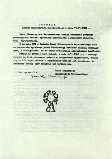 Uchwała Senatu Uniwersytetu Warszawskiego z dnia 11.11.1981 r.