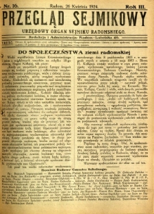 Przegląd Sejmikowy : Urzędowy Organ Sejmiku Radomskiego, 1924, R. 3, nr 16