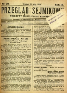 Przegląd Sejmikowy : Urzędowy Organ Sejmiku Radomskiego, 1924, R. 3, nr 20