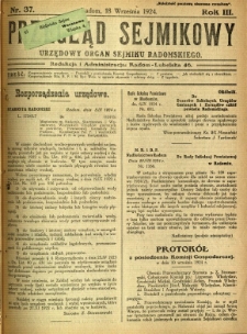 Przegląd Sejmikowy : Urzędowy Organ Sejmiku Radomskiego, 1924, R. 3, nr 37