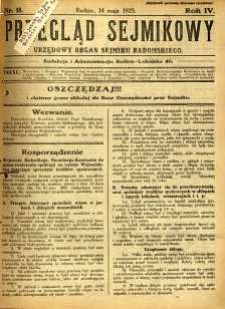 Przegląd Sejmikowy : Urzędowy Organ Sejmiku Radomskiego, 1925, R. 4, nr 18