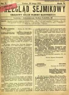 Przegląd Sejmikowy : Urzędowy Organ Sejmiku Radomskiego, 1926, R. 5, nr 7