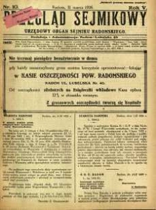 Przegląd Sejmikowy : Urzędowy Organ Sejmiku Radomskiego, 1926, R. 5, nr 10