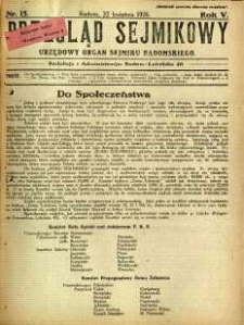 Przegląd Sejmikowy : Urzędowy Organ Sejmiku Radomskiego, 1926, R. 5, nr 15