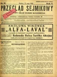 Przegląd Sejmikowy : Urzędowy Organ Sejmiku Radomskiego, 1926, R. 5, nr 18