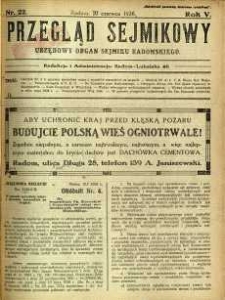 Przegląd Sejmikowy : Urzędowy Organ Sejmiku Radomskiego, 1926, R. 5, nr 22
