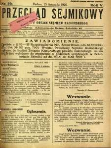 Przegląd Sejmikowy : Urzędowy Organ Sejmiku Radomskiego, 1926, R. 5, nr 46