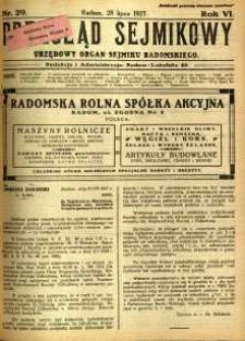 Przegląd Sejmikowy : Urzędowy Organ Sejmiku Radomskiego, 1927, R. 6, nr 29