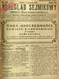 Przegląd Sejmikowy : Urzędowy Organ Sejmiku Radomskiego, 1927, R. 6, nr 45