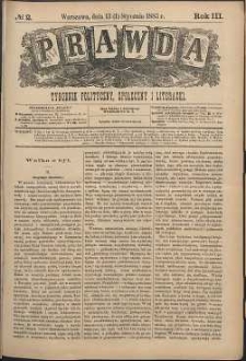 Prawda : tygodnik polityczny, społeczny i literacki, 1883, R. 3, nr 2