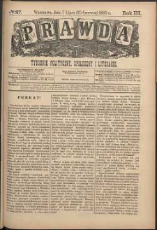 Prawda : tygodnik polityczny, społeczny i literacki, 1883, R. 3, nr 27